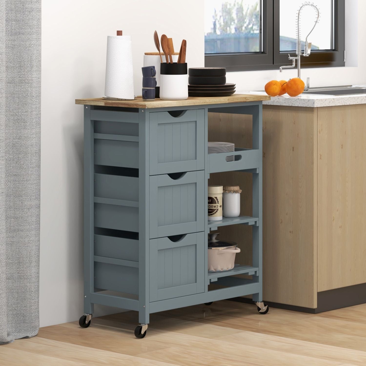Overall Dimensions: 26.5'' W × 14.5'' D × 33.75'' H
Top Surface Thickness: Standard butcher block rubber wood
Weight Capacity:
Overall: 88 lbs
Each Shelf: 6.6 lbs
Each Drawer: 6.6 lbs