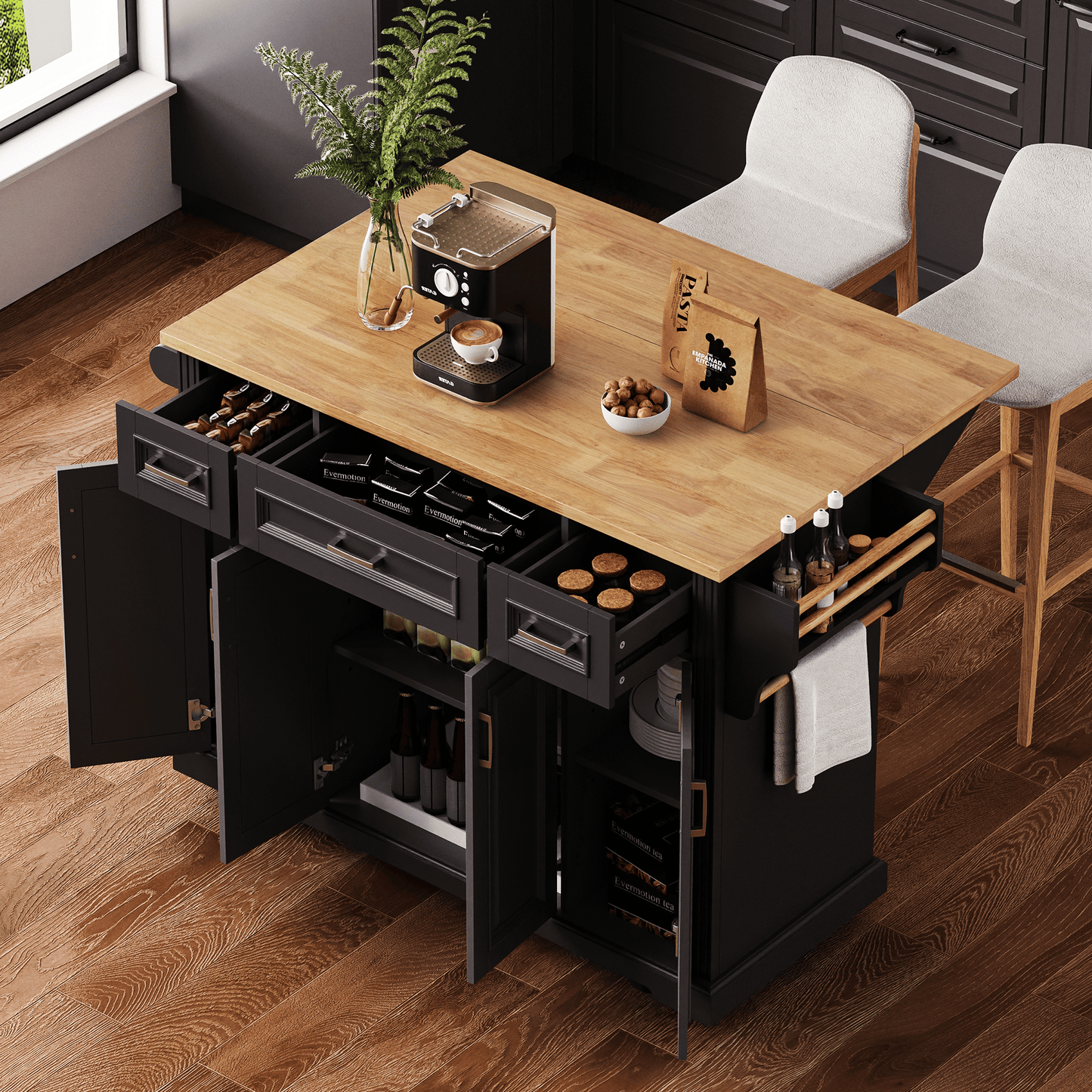 54-inch rustic farmhouse kitchen island with rubber wood drop leaf