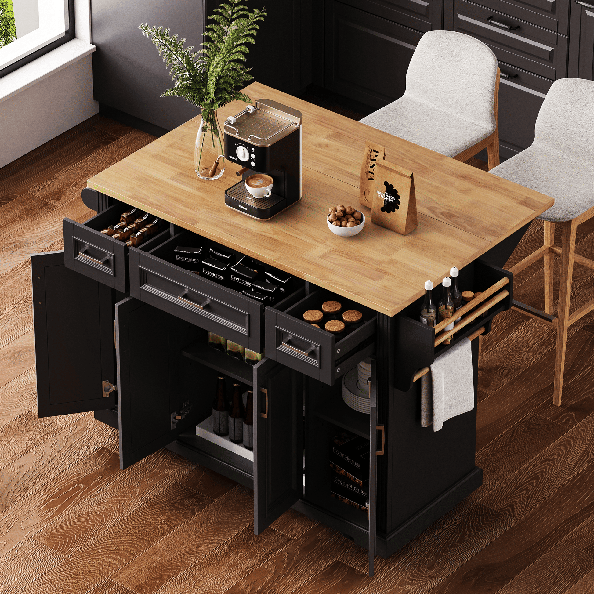54-inch rustic farmhouse kitchen island with rubber wood drop leaf