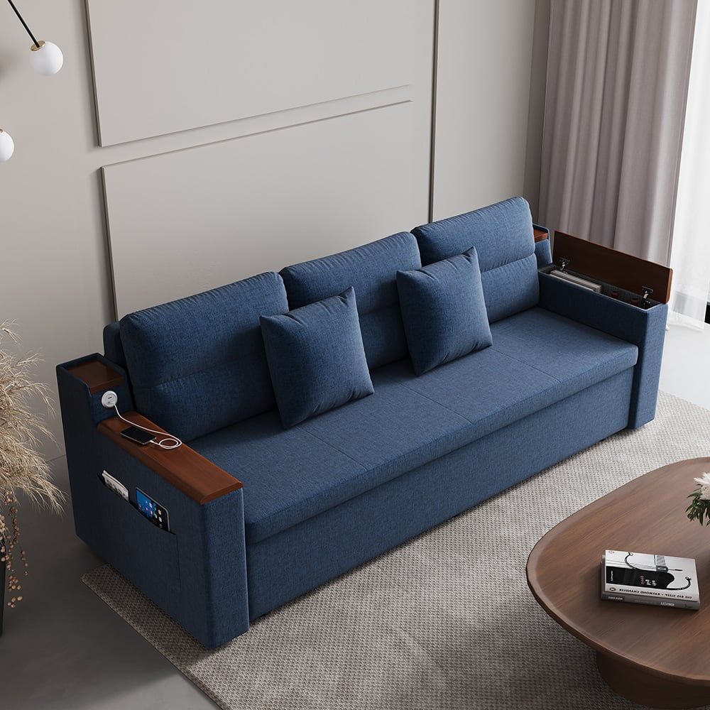 83" blue linen sleeper sofa bed with USB port and storage drawers