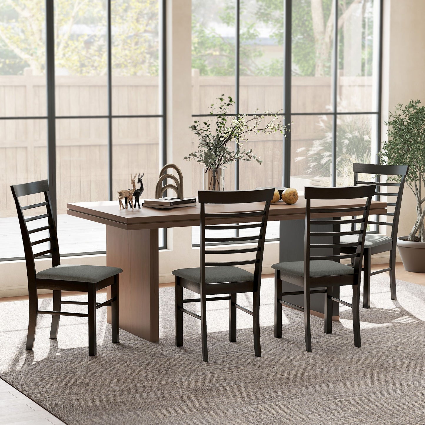 Wooden farmhouse dining chair set of 4 with upholstered gray seat