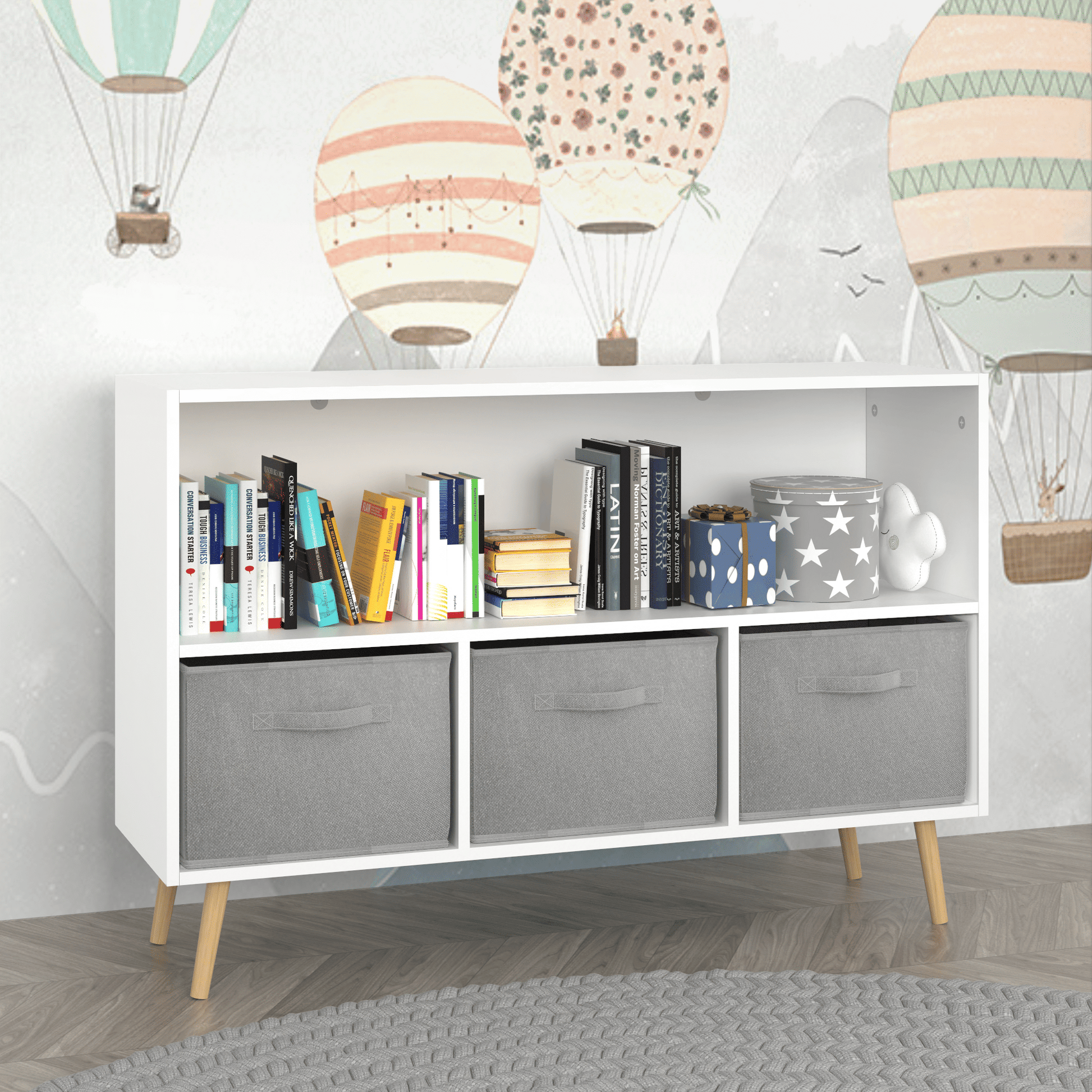 White and gray kids bookcase with collapsible fabric drawers