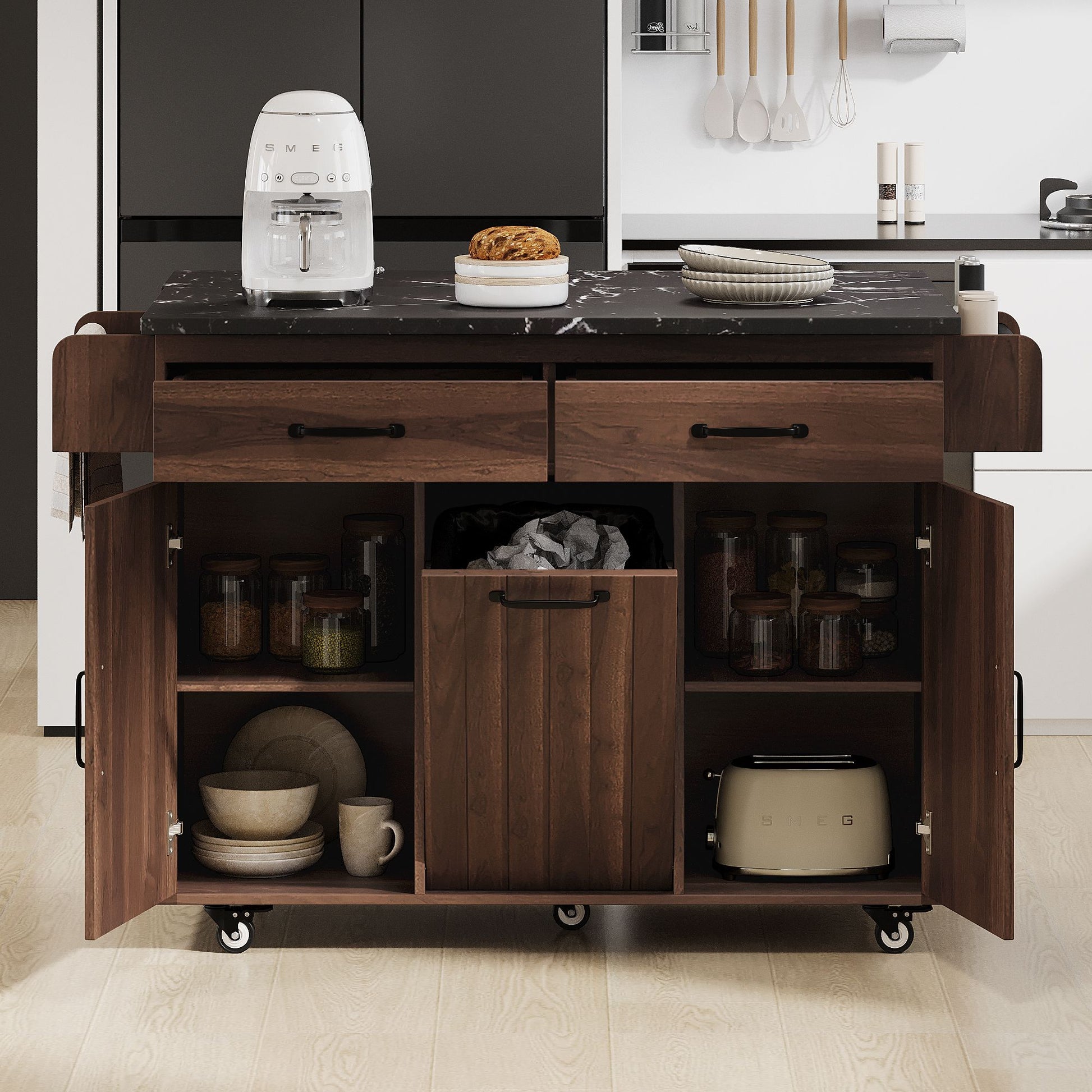 Kitchen island with tilt-out trash can cabinet and drop leaf countertop