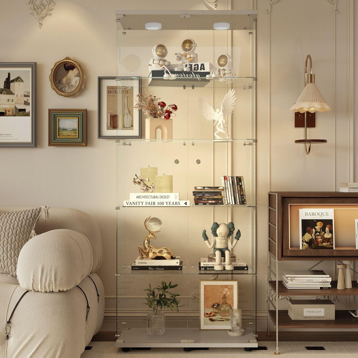 White tempered glass display cabinet with LED lights