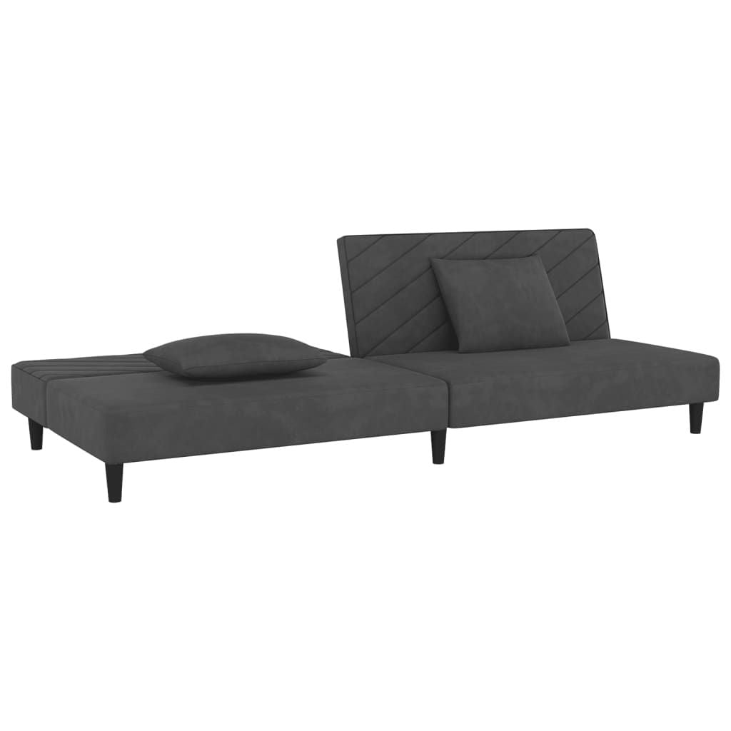 Dark gray velvet 2-seater sofa bed with pillows