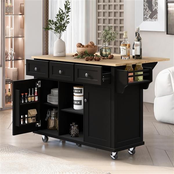 Black kitchen island cart with wooden drop-leaf countertop