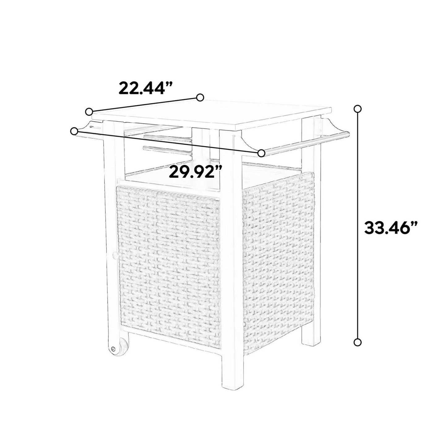 Brown wicker outdoor bar cart with stainless steel tabletop