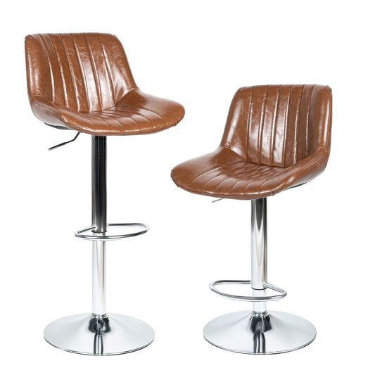 Brown PU leather adjustable swivel bar stool with chrome base