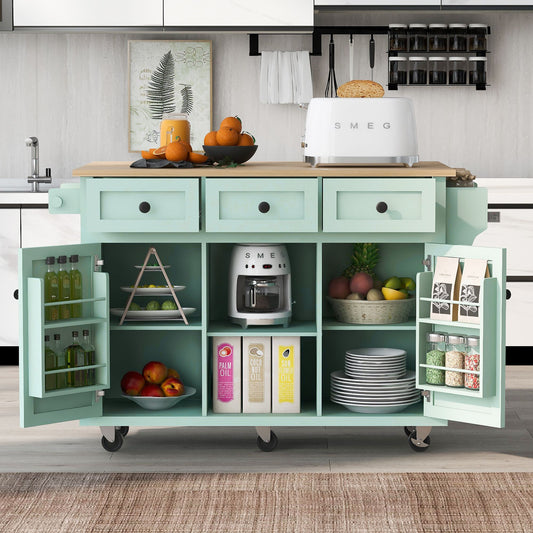 Mint green kitchen island cart with rubberwood drop-leaf countertop