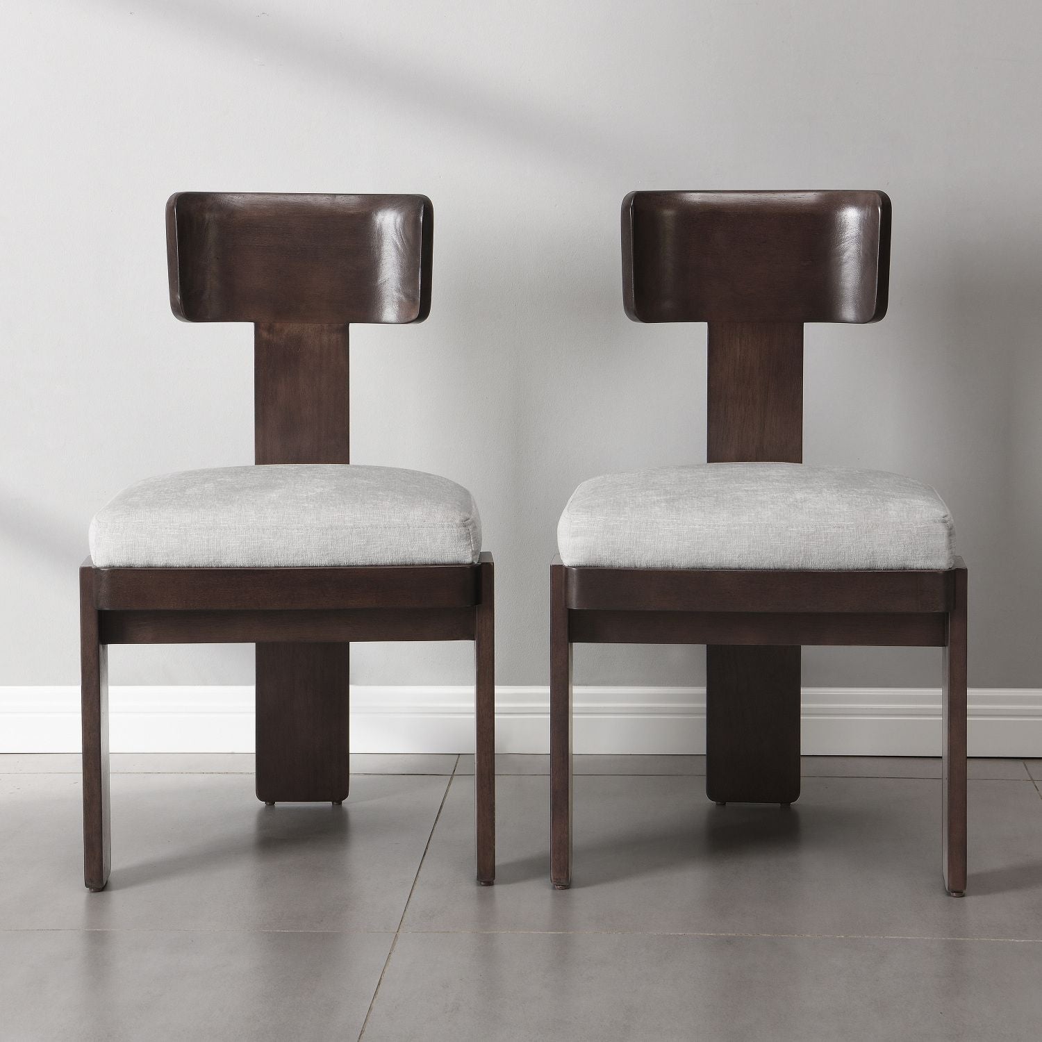 Gray upholstered dining chair set of 2 with dark brown legs