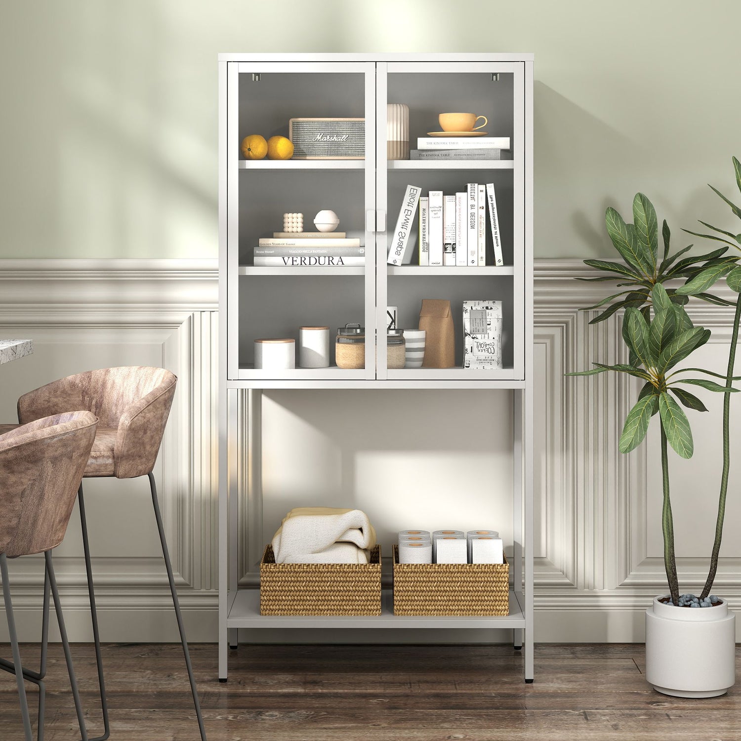 Heavy duty metal storage cabinet with glass doors for living room or office