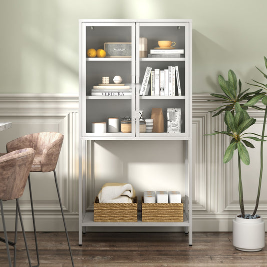 Heavy duty metal storage cabinet with glass doors for living room or office