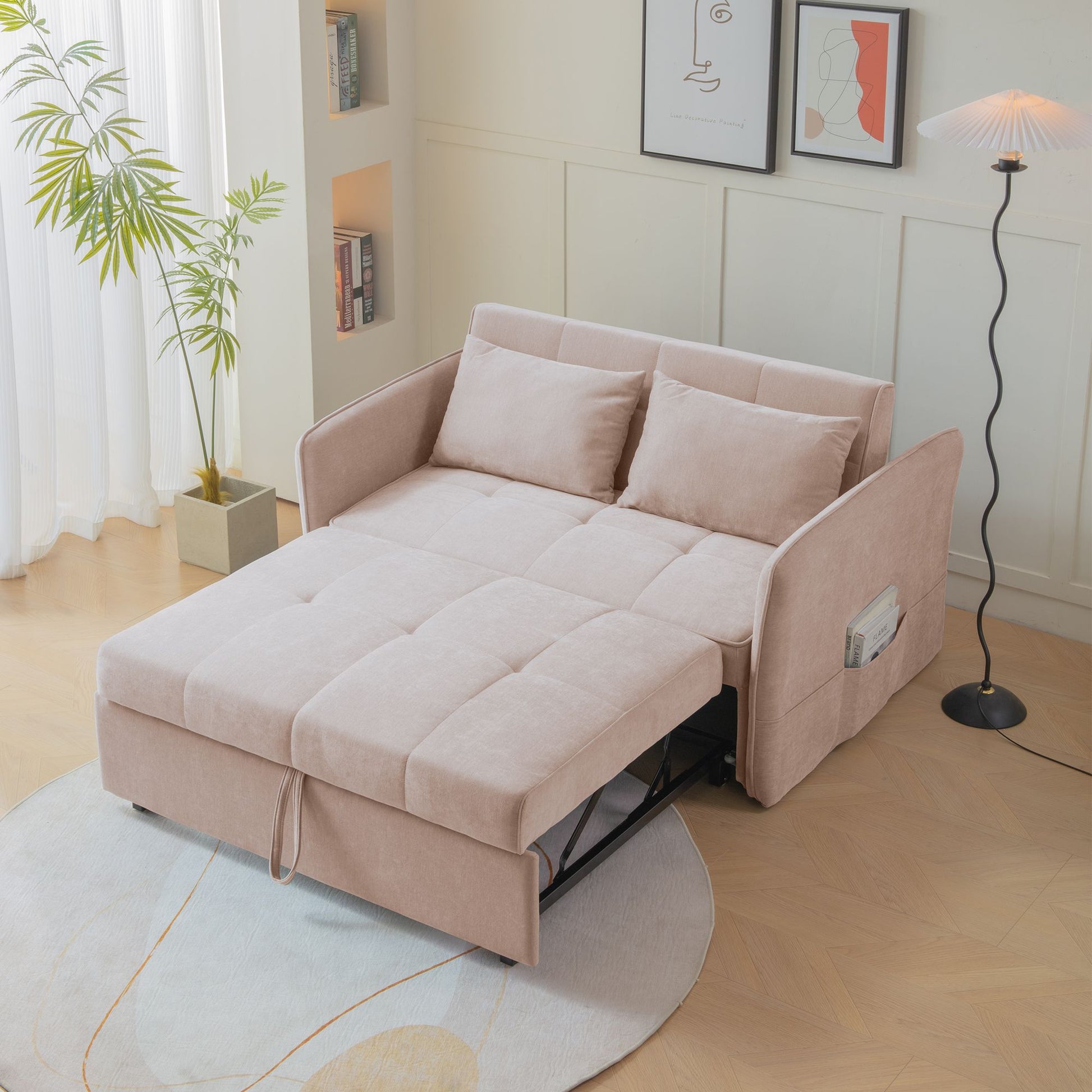 Chenille Fabric Pull-Out Sleeper Loveseat Sofa in Yellow