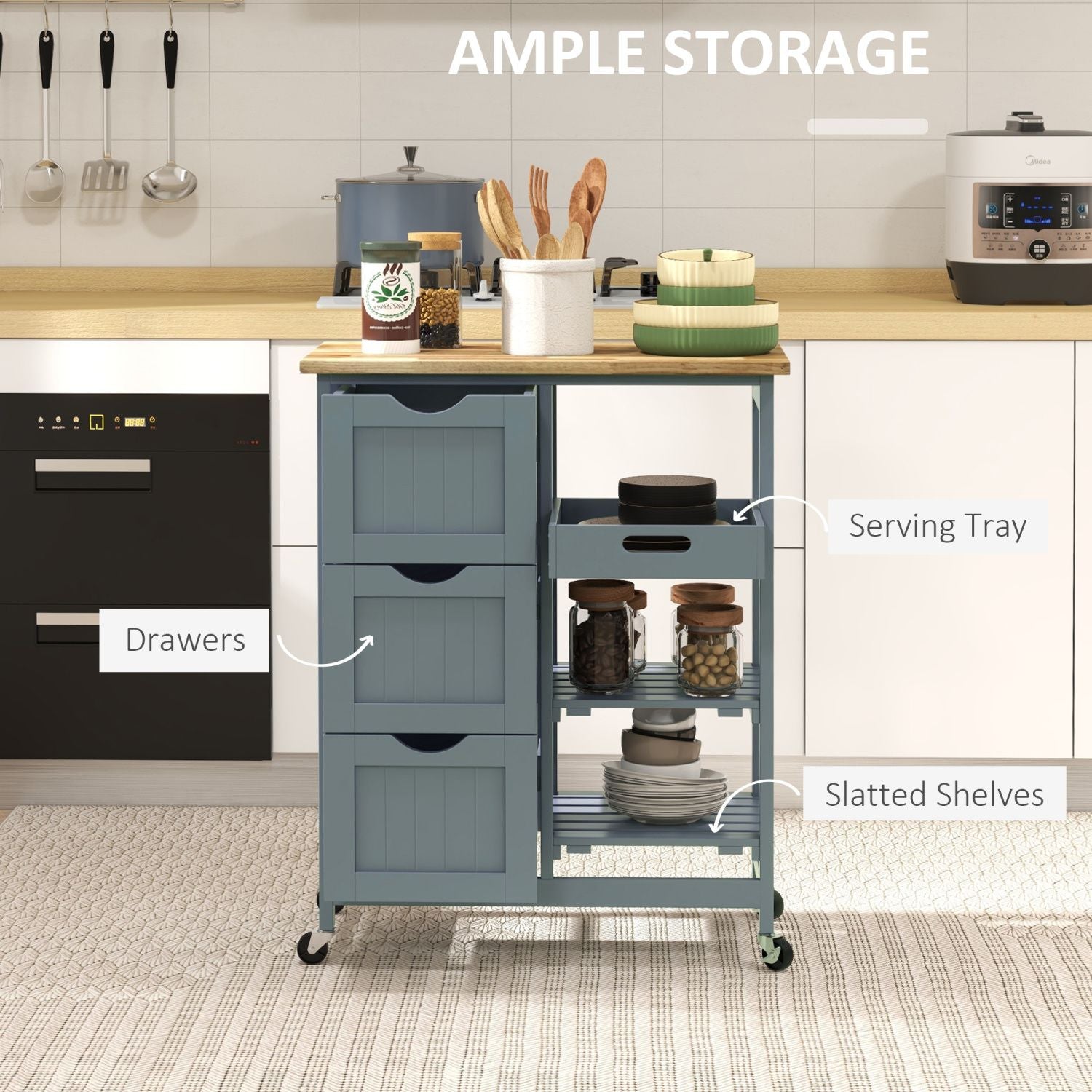 Overall Dimensions: 26.5'' W × 14.5'' D × 33.75'' H
Top Surface Thickness: Standard butcher block rubber wood
Weight Capacity:
Overall: 88 lbs
Each Shelf: 6.6 lbs
Each Drawer: 6.6 lbs