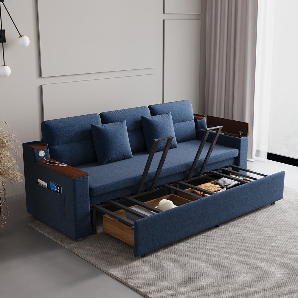 83" blue linen sleeper sofa bed with USB port and storage drawers
