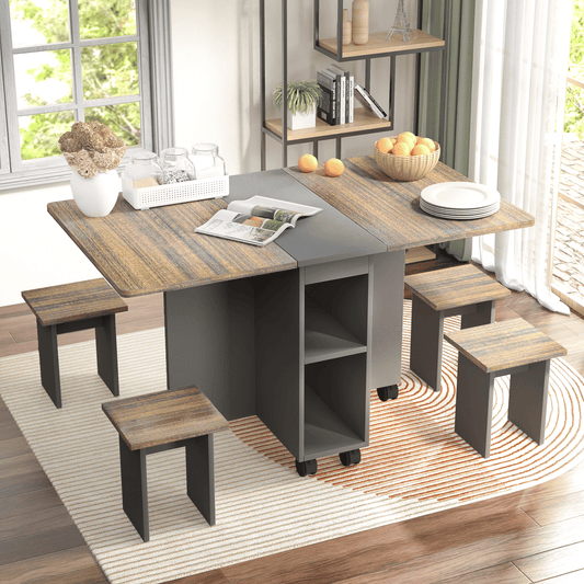 Folding extendable dining table set with 4 chairs in rustic brown and gray finish