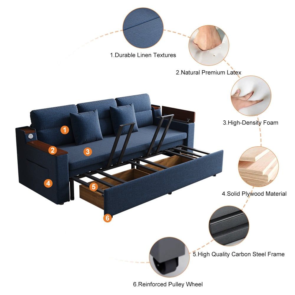 83" blue linen sleeper sofa bed with USB port and storage drawers