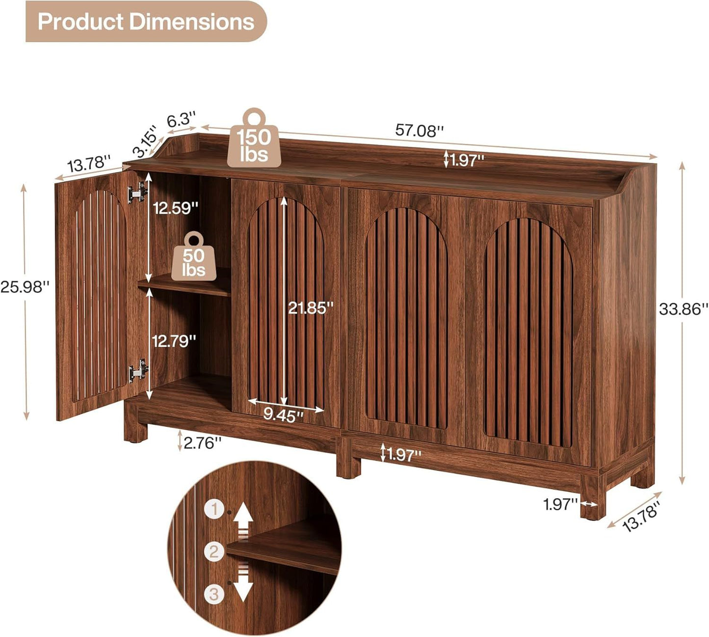 Farmhouse sideboard with arched grille doors and wood finish