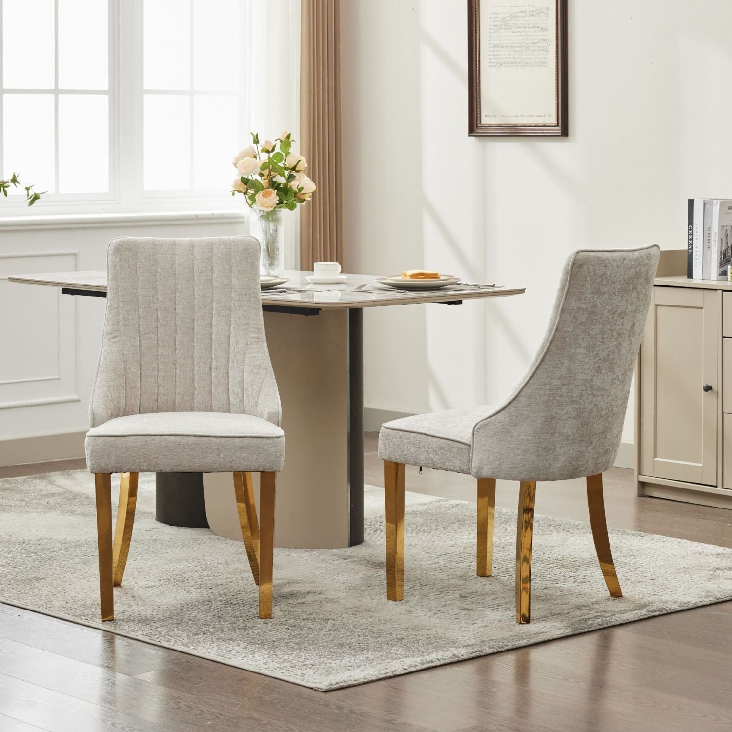 Modern upholstered dining chair with gold stainless legs