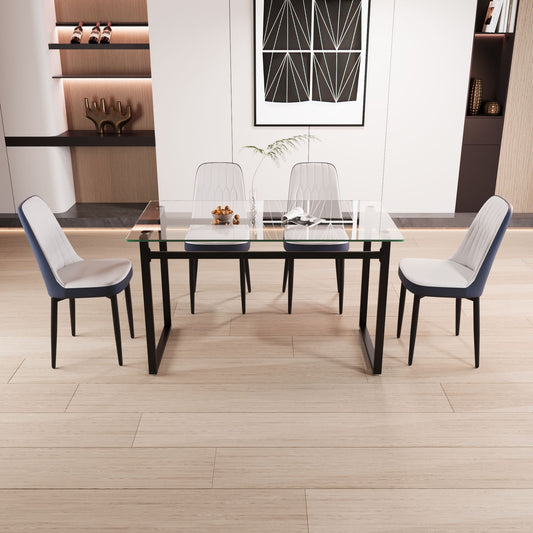 4-person rectangular glass dining table set with black metal legs