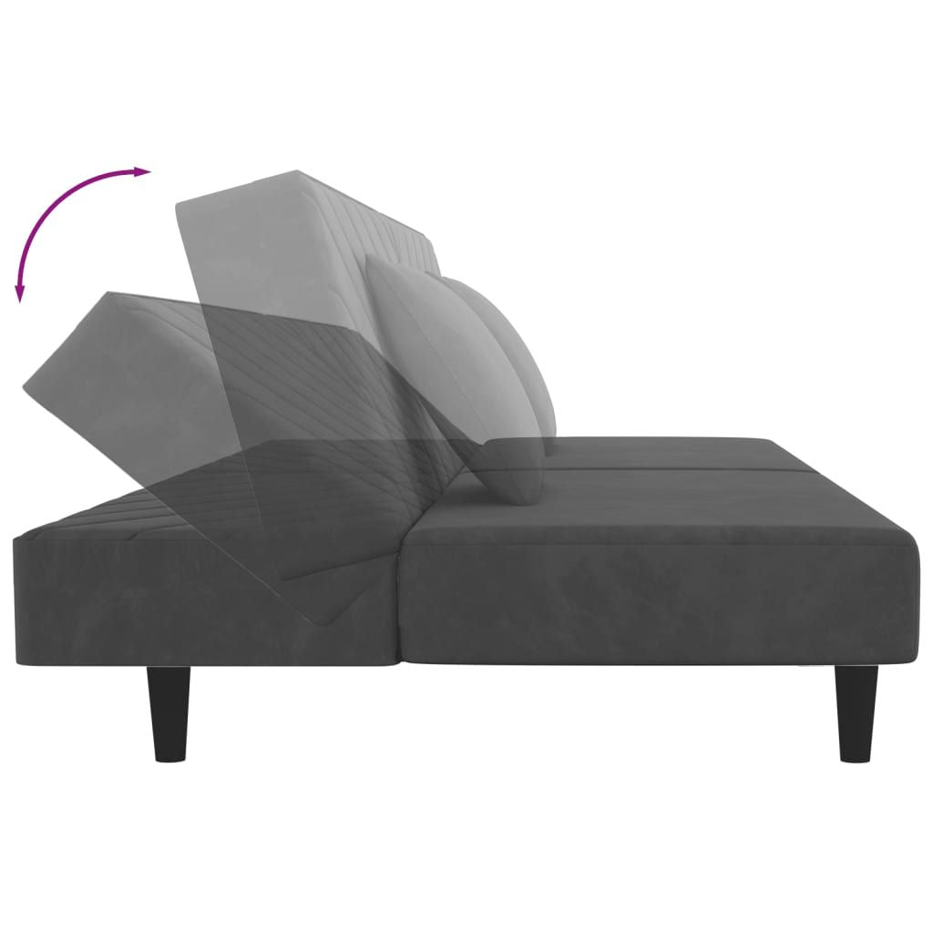 Dark gray velvet 2-seater sofa bed with pillows