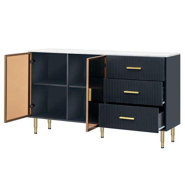 Modern navy blue buffet cabinet with marble top