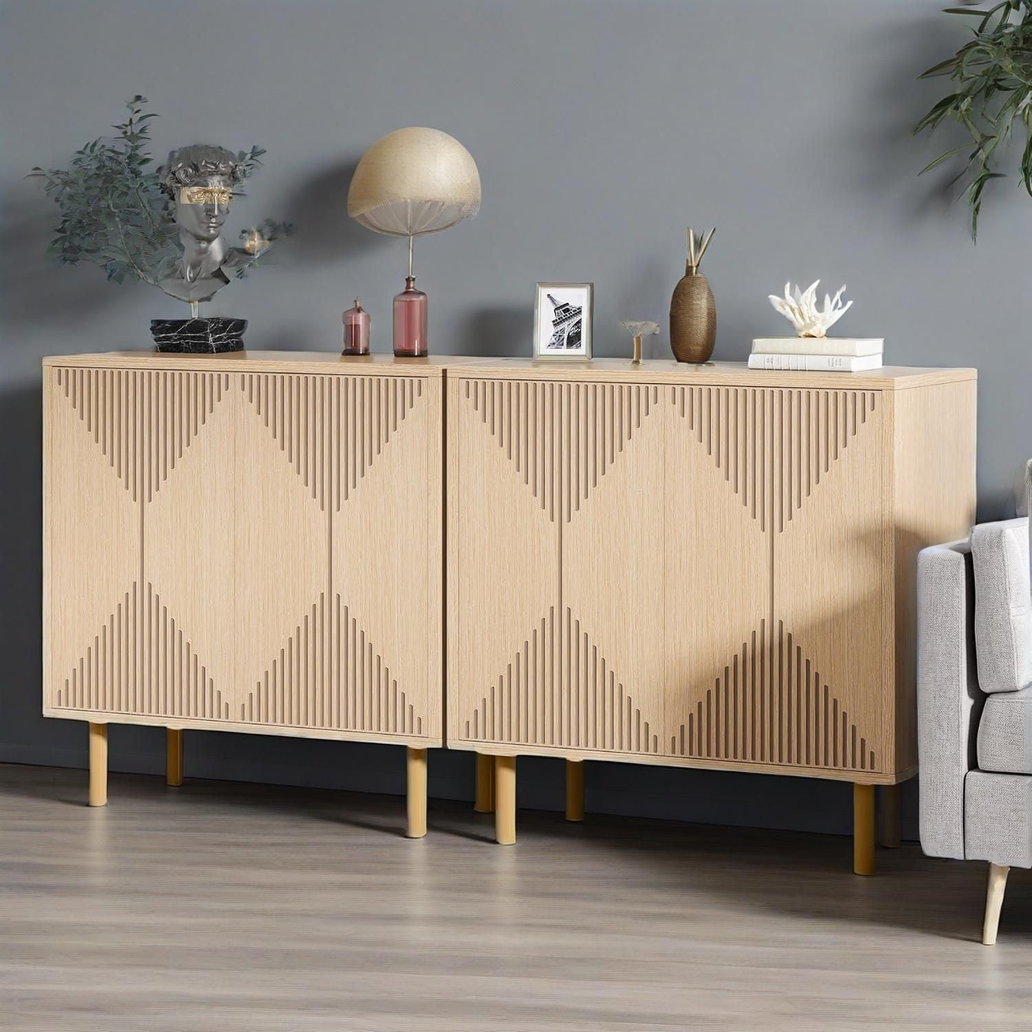 Natural wood freestanding storage sideboard with 4 doors