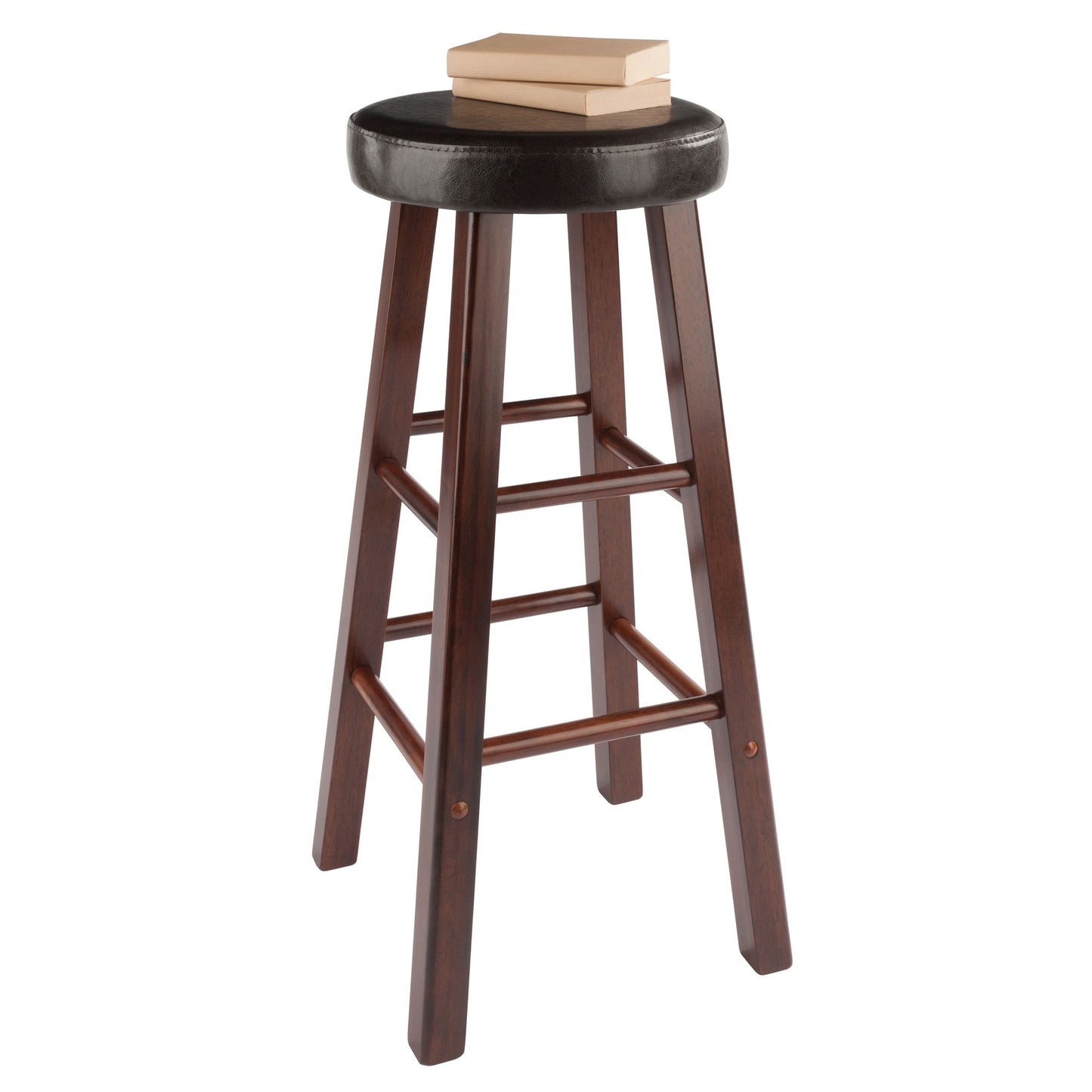 Wooden bar stool set with crossbar footrests and cushioned top