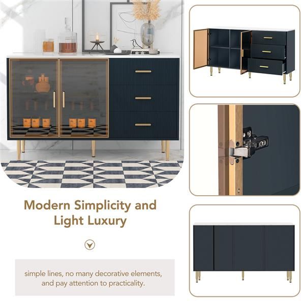 Modern navy blue buffet cabinet with marble top