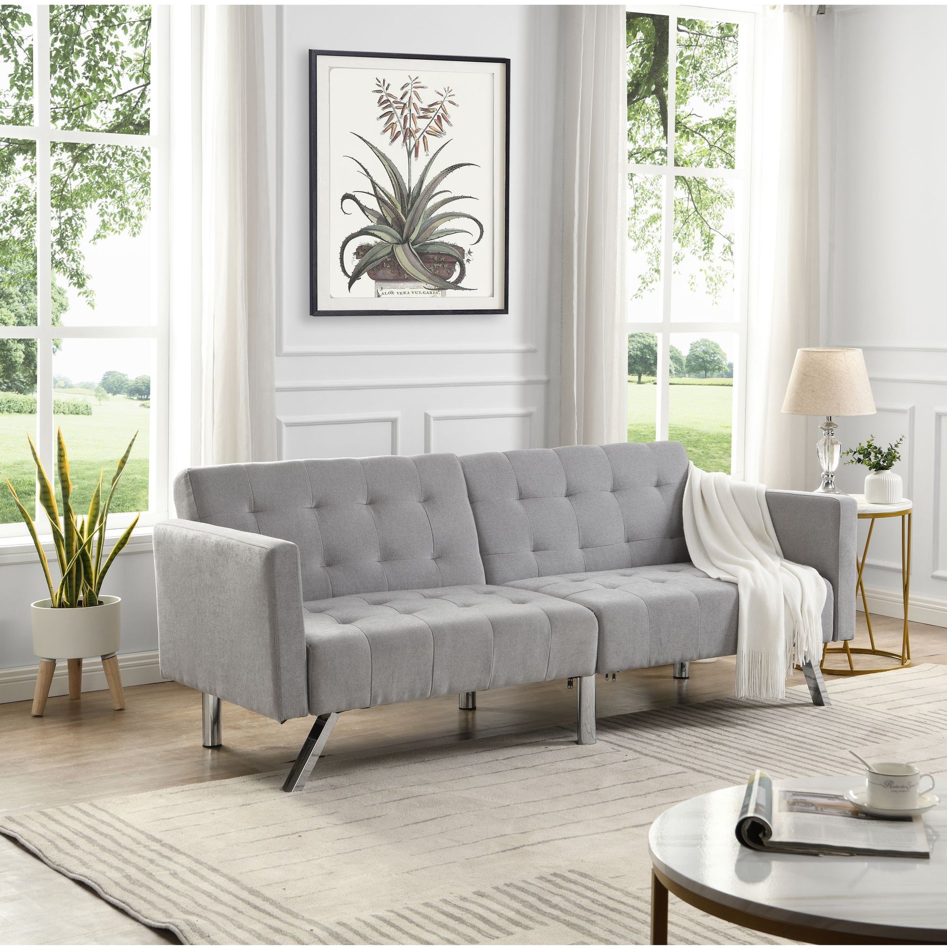 Light grey modern convertible sofa bed with split back design