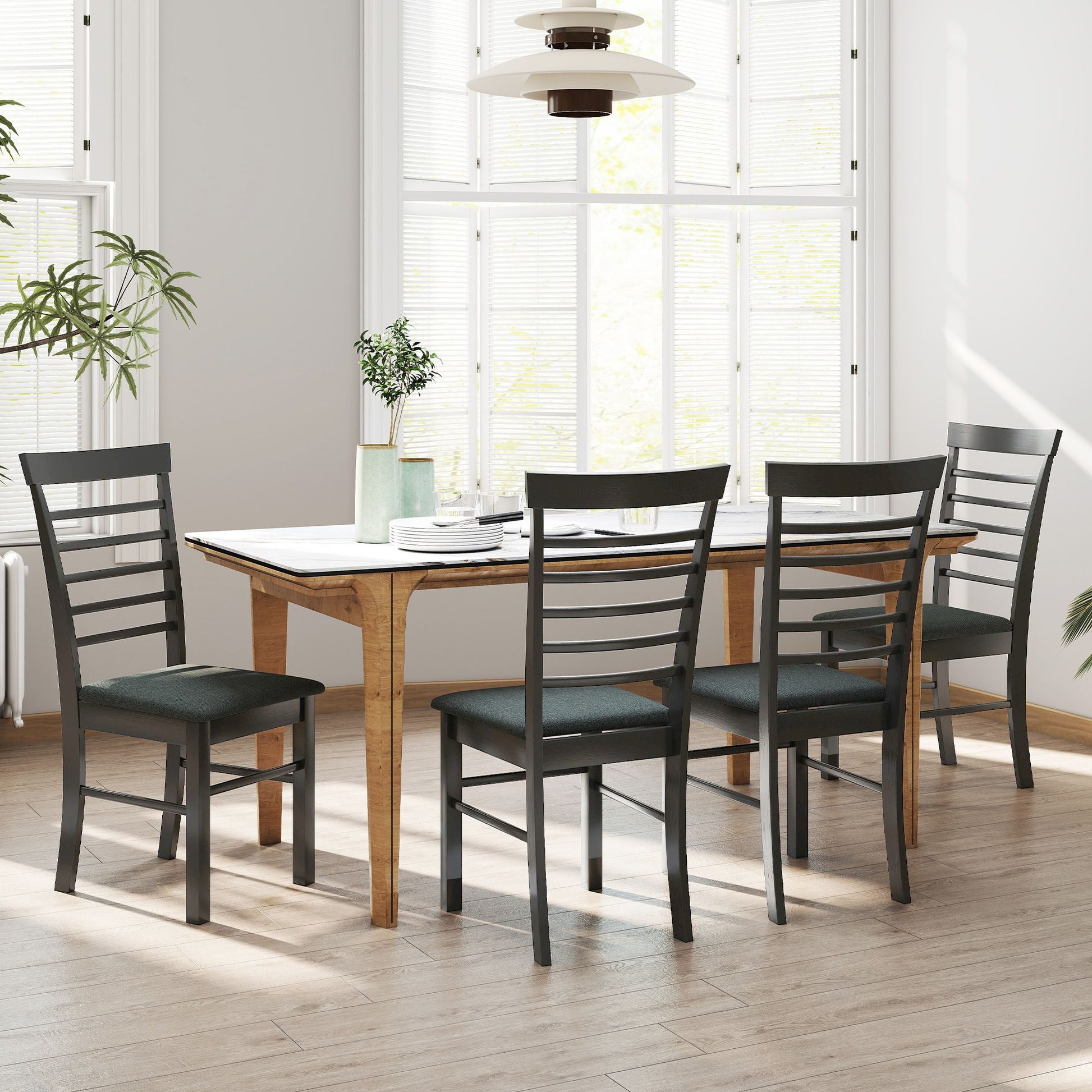 Wooden farmhouse dining chair set of 4 with upholstered gray seat