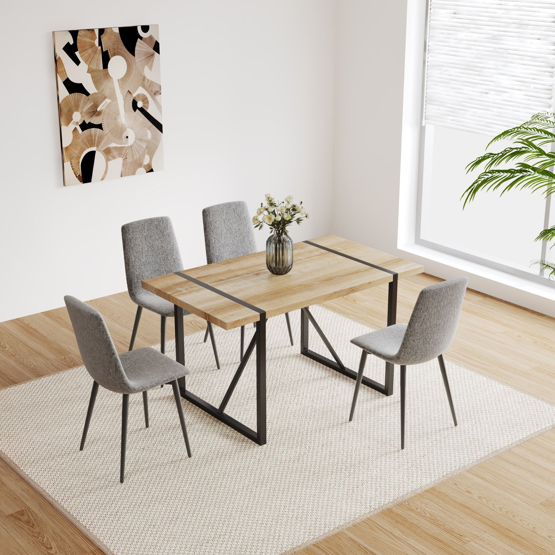 55-inch modern wood dining table set with linen upholstered chairs