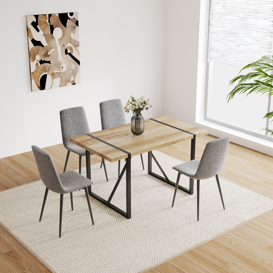 55-inch modern wood dining table set with linen upholstered chairs