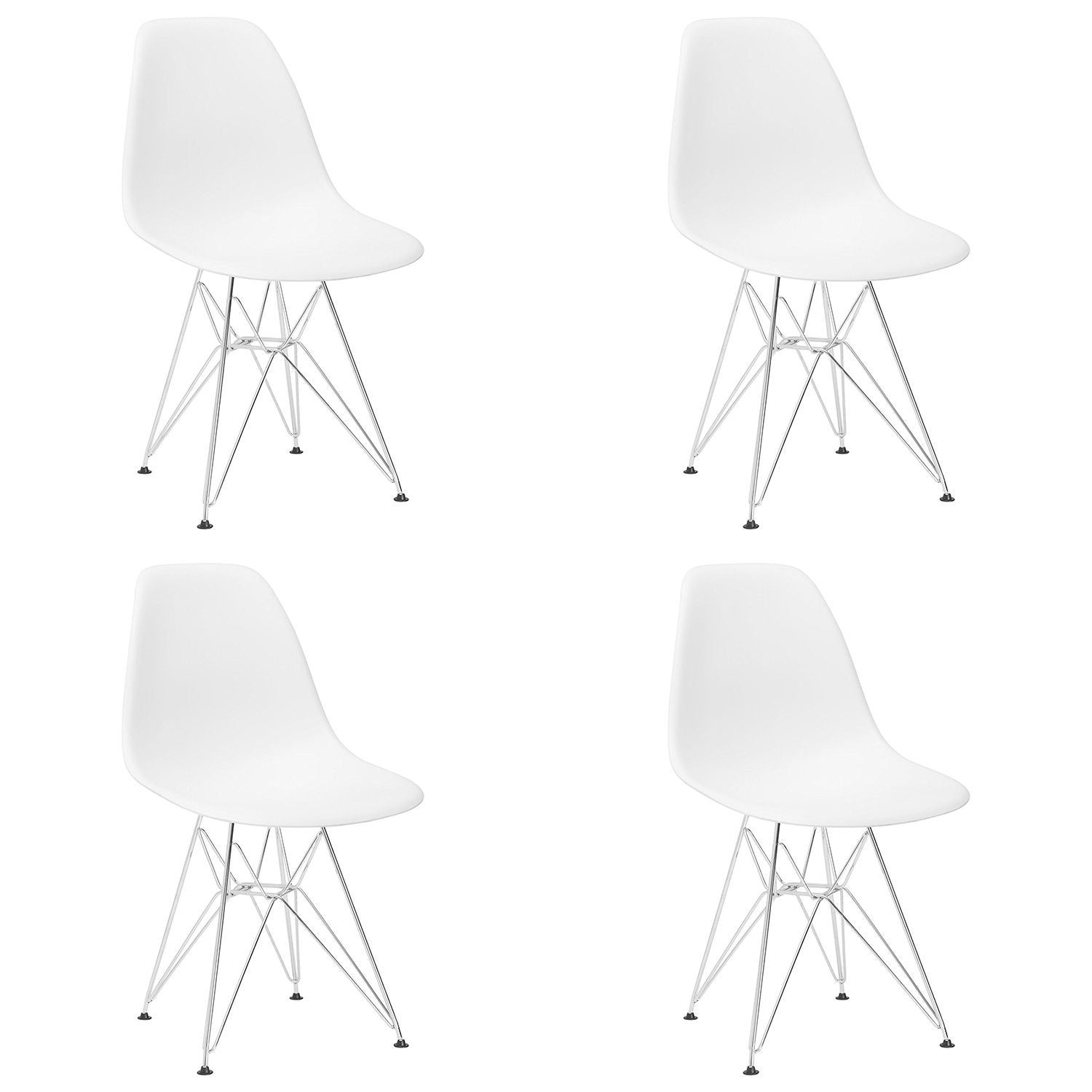 Set of 4 modern white shell dining chairs with walnut legs