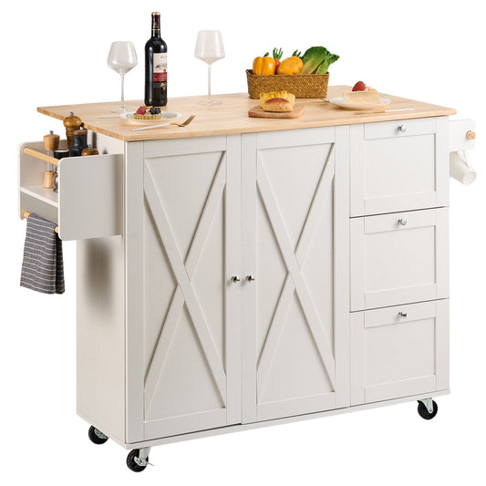White kitchen island cart with solid wood top and drop leaf extension