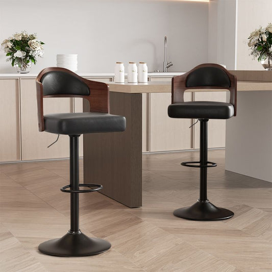 Modern walnut and black swivel bar stool set of 2 with cushioned PU leather seat