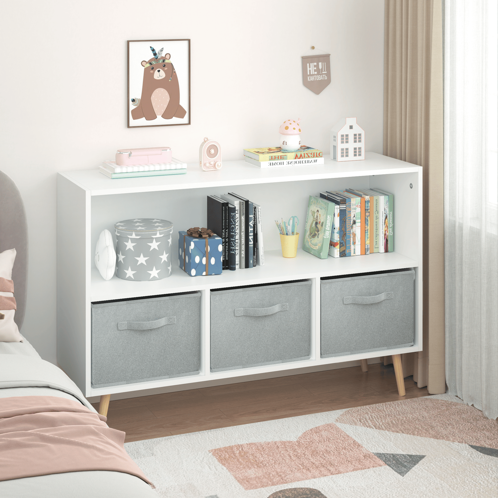 White and gray kids bookcase with collapsible fabric drawers