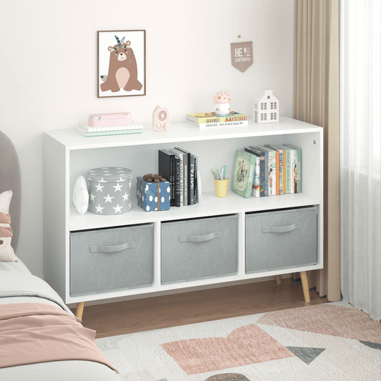 White and gray kids bookcase with collapsible fabric drawers