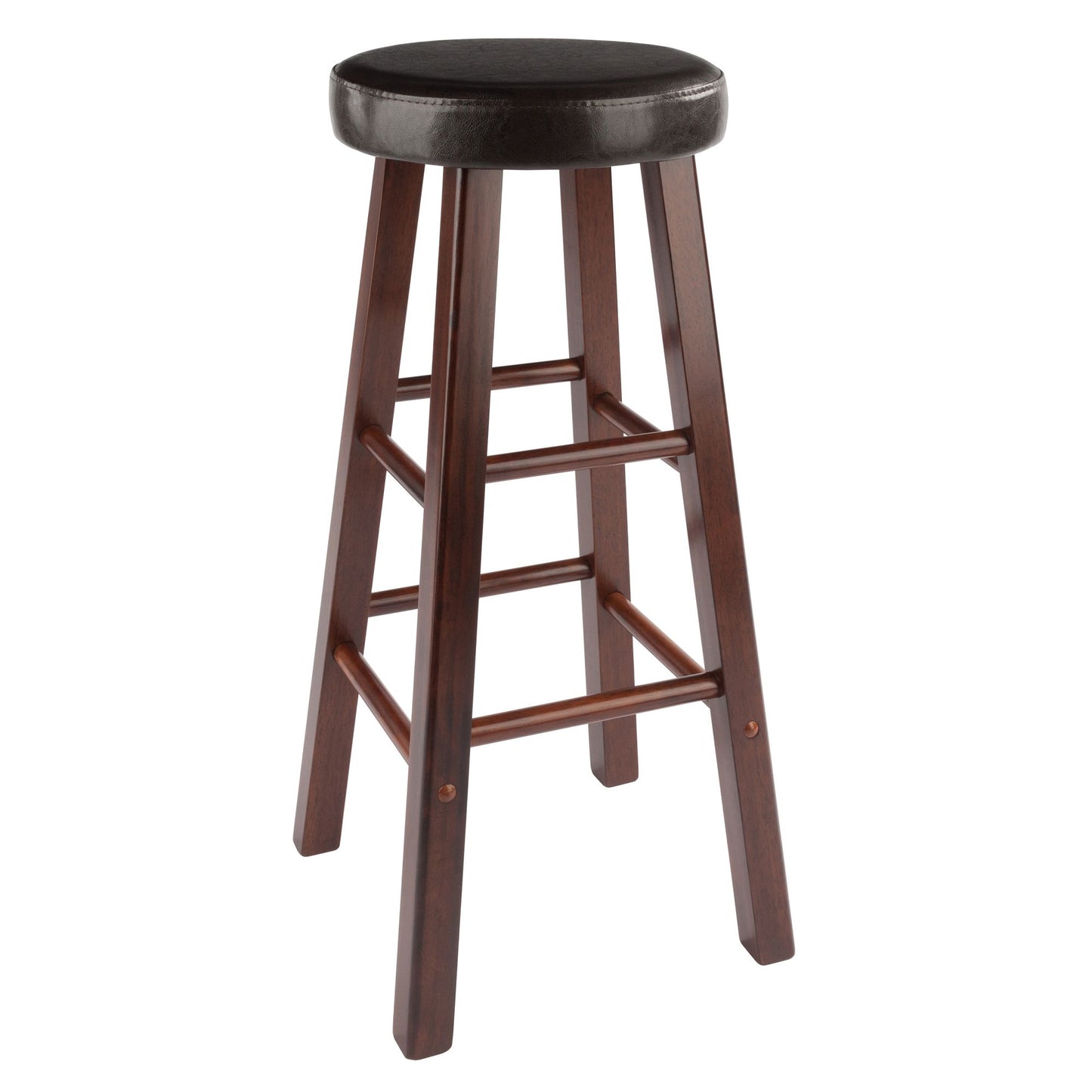 Wooden bar stool set with crossbar footrests and cushioned top