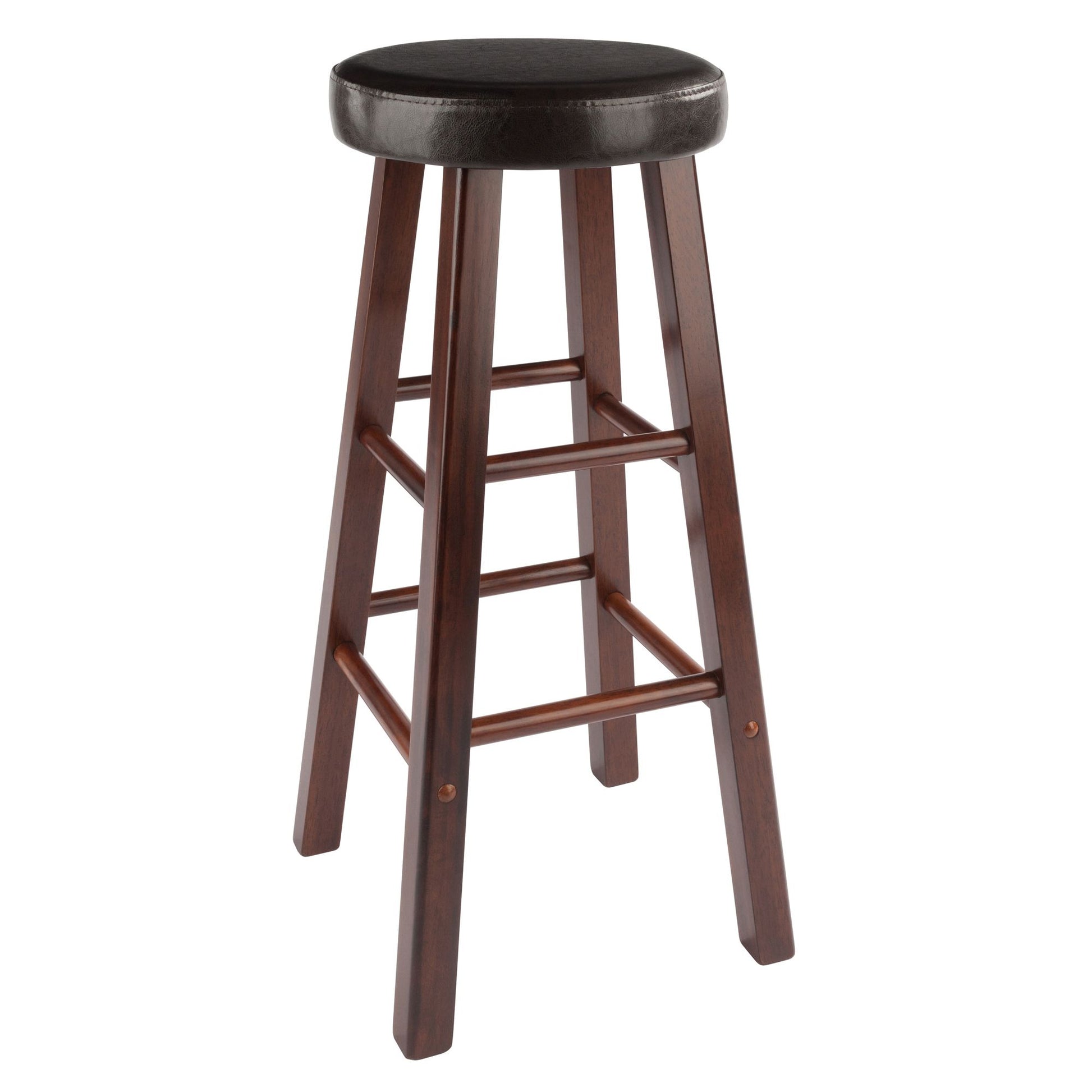 Wooden bar stool set with crossbar footrests and cushioned top