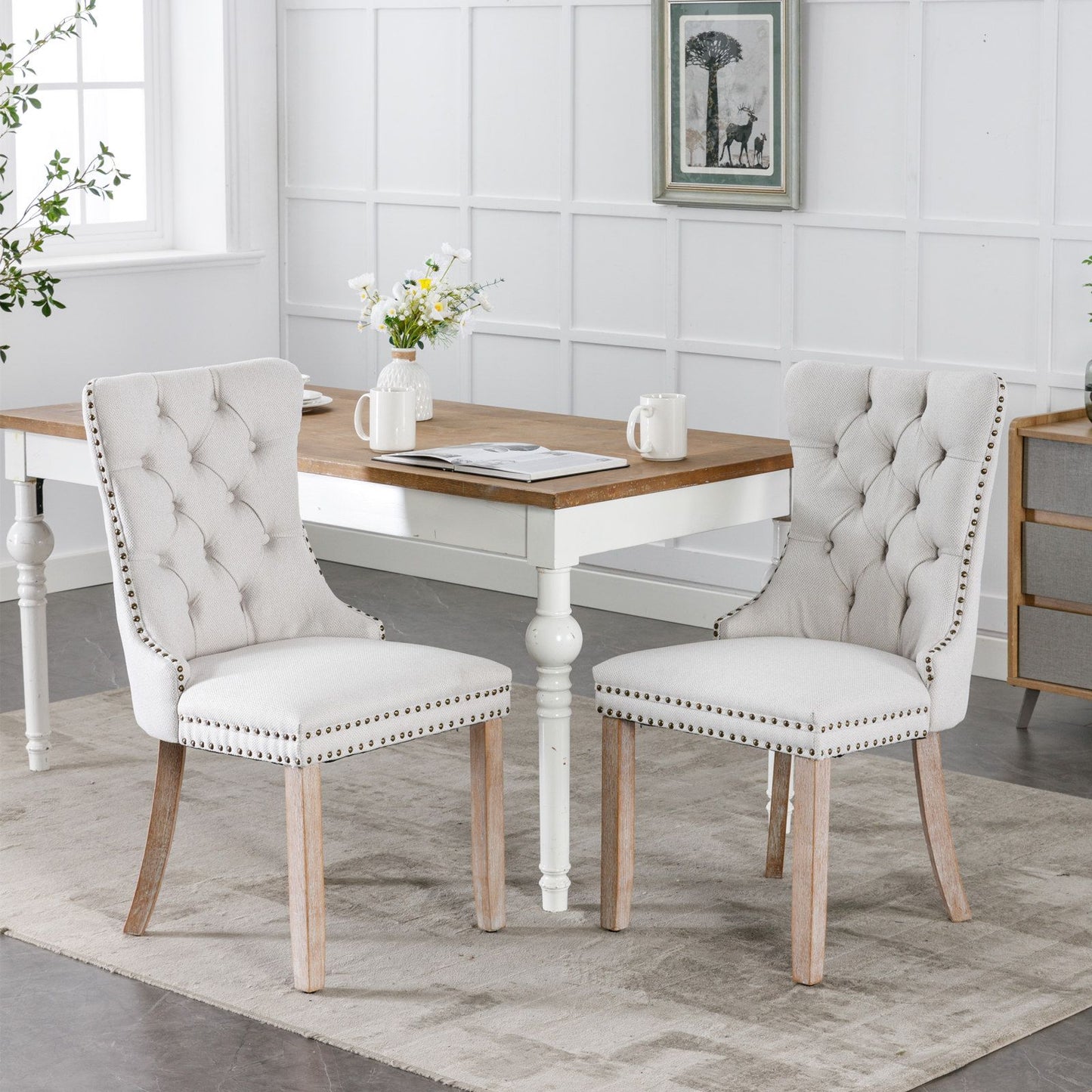 Tufted flax upholstered dining chair with nailhead trim