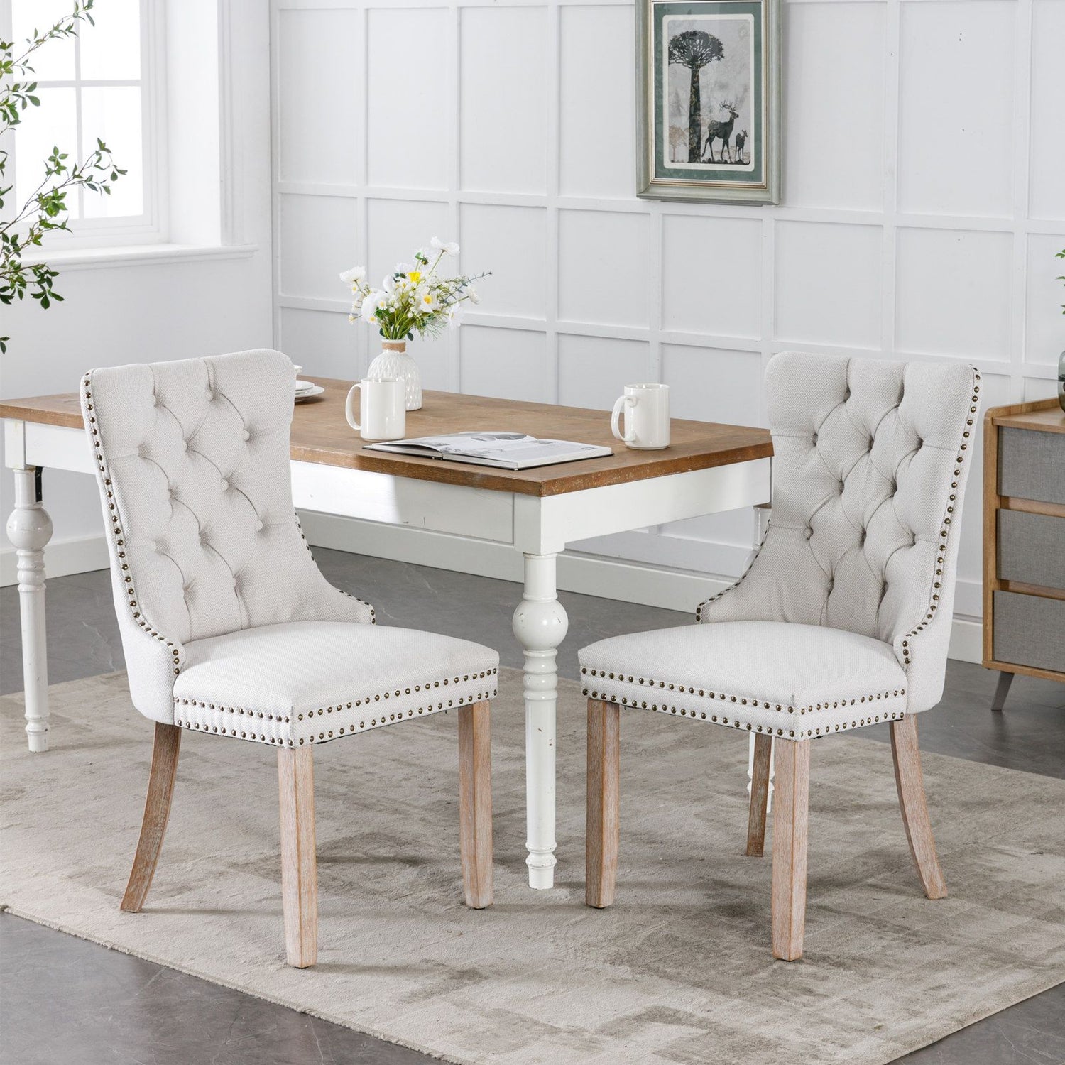 Tufted flax upholstered dining chair with nailhead trim