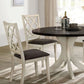 Antique white dining chairs with gray cushioned seat