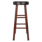 Wooden bar stool set with crossbar footrests and cushioned top