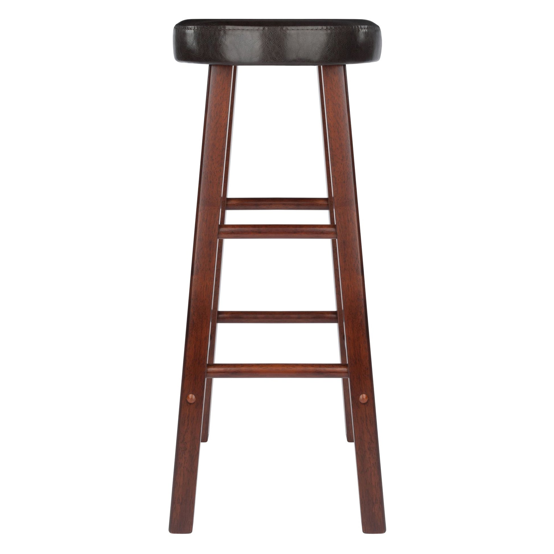 Wooden bar stool set with crossbar footrests and cushioned top