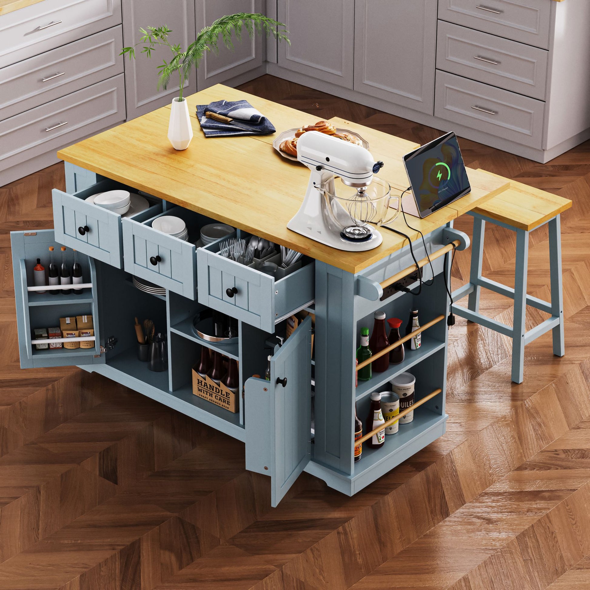 53-inch large rolling kitchen island with drop leaf and power outlet