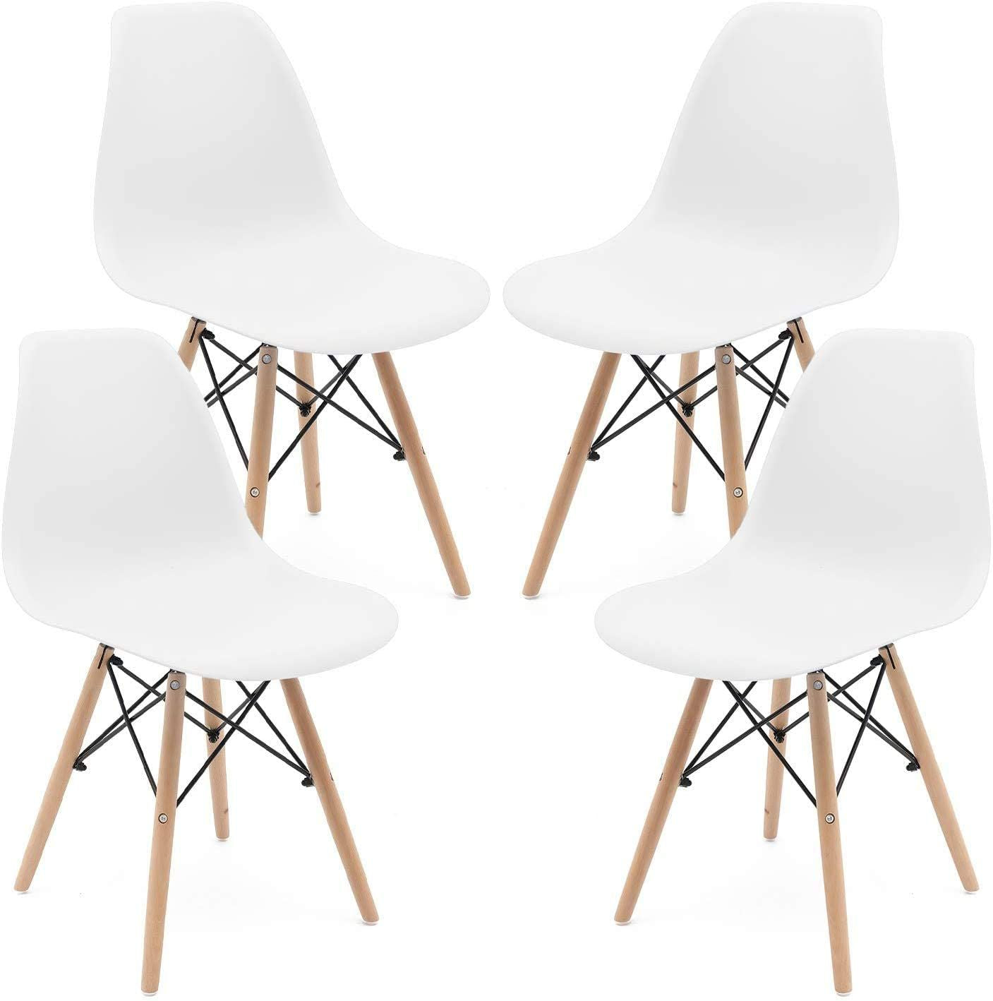 Set of 4 modern white shell dining chairs with walnut legs
