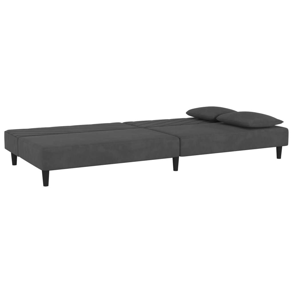 Dark gray velvet 2-seater sofa bed with pillows