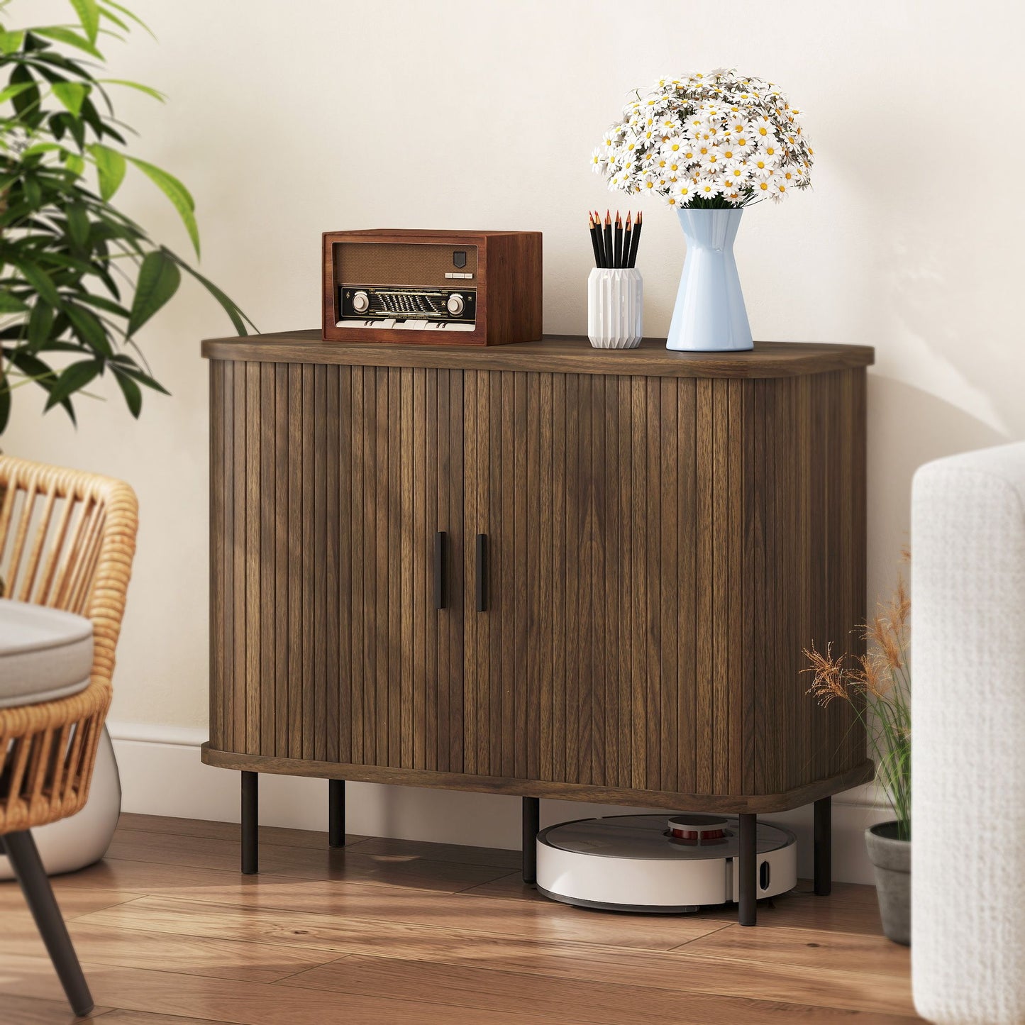 Nordic walnut sideboard buffet cabinet with tambour doors