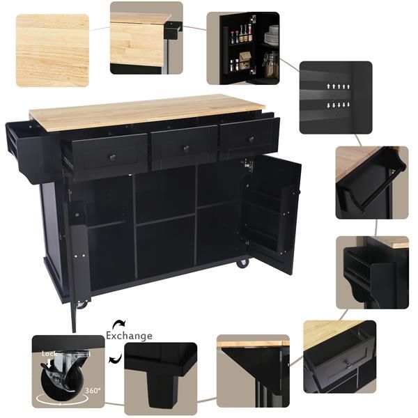 Black kitchen island cart with wooden drop-leaf countertop